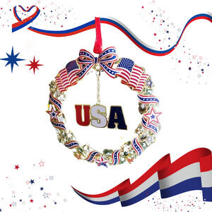 Patriotic USA Flag Wreath Ornament Red White Blue Ribbons Stars Colored Brass